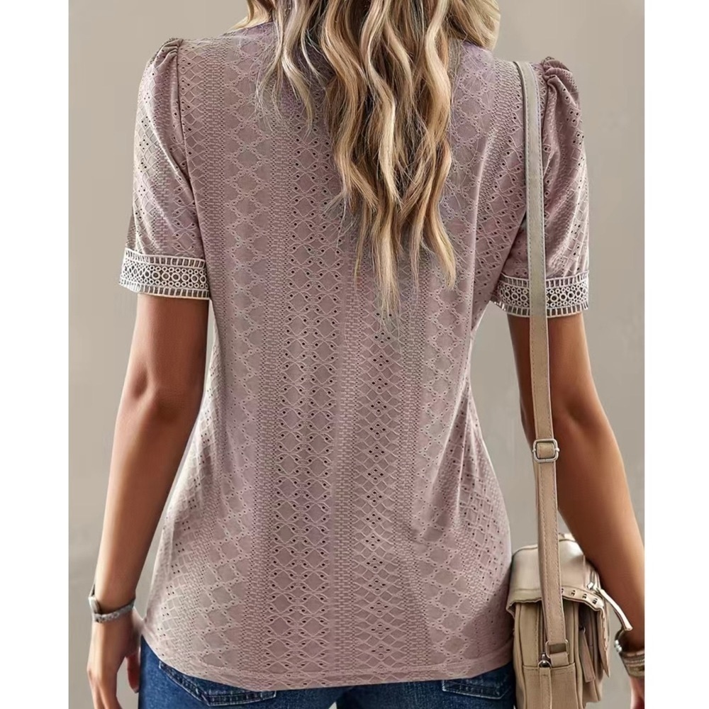 Pink V Neck Lace Trim Eyelet Stretch Boho Style Short Sleeve Blouse 2X Nwt - Picture 3 of 3